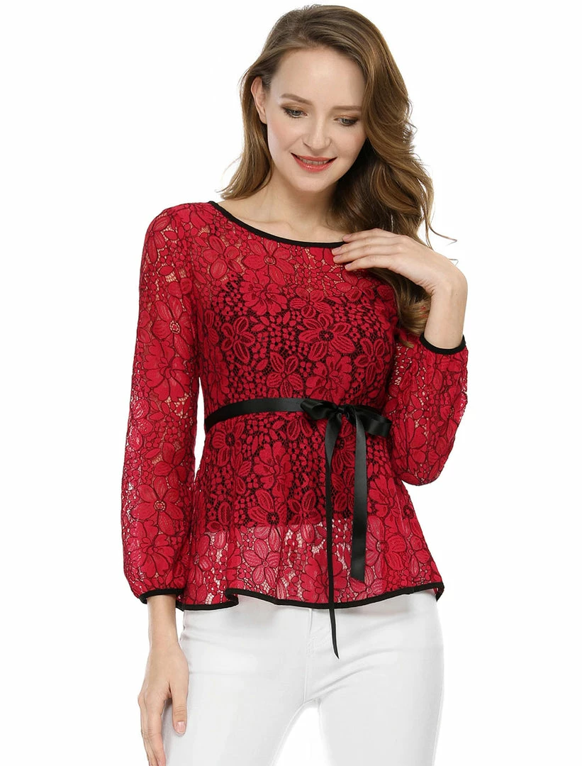 Allegra K Self-Tie Waist Bi-Color Contrast Lace Peplum Top 47 Allegra K Self-Tie Waist Bi-Color Contrast Lace Peplum Top