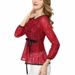 Allegra K Self-Tie Waist Bi-Color Contrast Lace Peplum Top 120 Allegra K Self-Tie Waist Bi-Color Contrast Lace Peplum Top