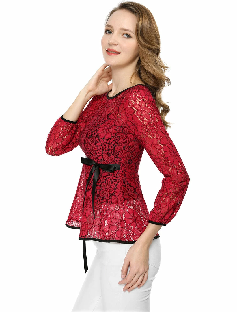 Allegra K Self-Tie Waist Bi-Color Contrast Lace Peplum Top 48 Allegra K Self-Tie Waist Bi-Color Contrast Lace Peplum Top