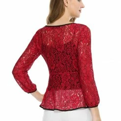 Allegra K Self-Tie Waist Bi-Color Contrast Lace Peplum Top 121 Allegra K Self-Tie Waist Bi-Color Contrast Lace Peplum Top