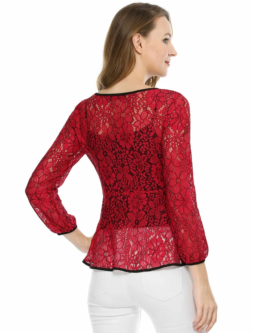 Allegra K Self-Tie Waist Bi-Color Contrast Lace Peplum Top 49 Allegra K Self-Tie Waist Bi-Color Contrast Lace Peplum Top