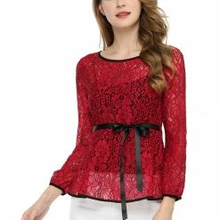Allegra K Self-Tie Waist Bi-Color Contrast Lace Peplum Top 117 Allegra K Self-Tie Waist Bi-Color Contrast Lace Peplum Top