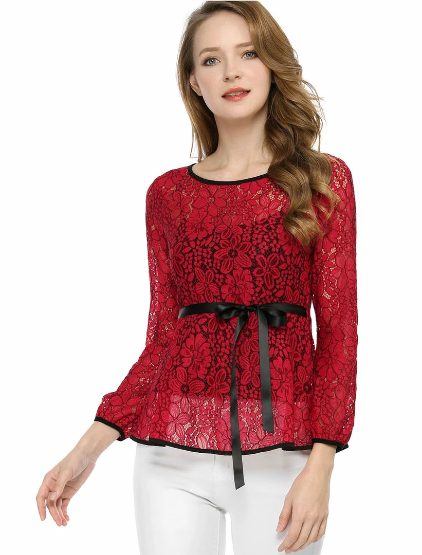Allegra K Self-Tie Waist Bi-Color Contrast Lace Peplum Top 45 Allegra K Self-Tie Waist Bi-Color Contrast Lace Peplum Top