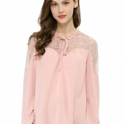 Women Allegra K Elegant Long Sleeve Lace Panel Keyhole Strap Chiffon Blouse 29 Women Allegra K Elegant Long Sleeve Lace Panel Keyhole Strap Chiffon Blouse