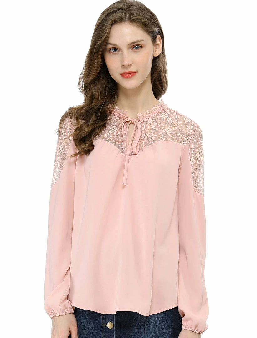 Women Allegra K Elegant Long Sleeve Lace Panel Keyhole Strap Chiffon Blouse 11 Women Allegra K Elegant Long Sleeve Lace Panel Keyhole Strap Chiffon Blouse