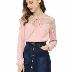 Women Allegra K Elegant Long Sleeve Lace Panel Keyhole Strap Chiffon Blouse 30 Women Allegra K Elegant Long Sleeve Lace Panel Keyhole Strap Chiffon Blouse