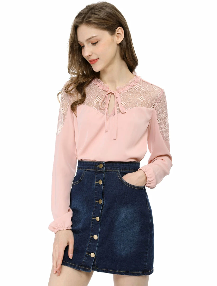 Women Allegra K Elegant Long Sleeve Lace Panel Keyhole Strap Chiffon Blouse 12 Women Allegra K Elegant Long Sleeve Lace Panel Keyhole Strap Chiffon Blouse
