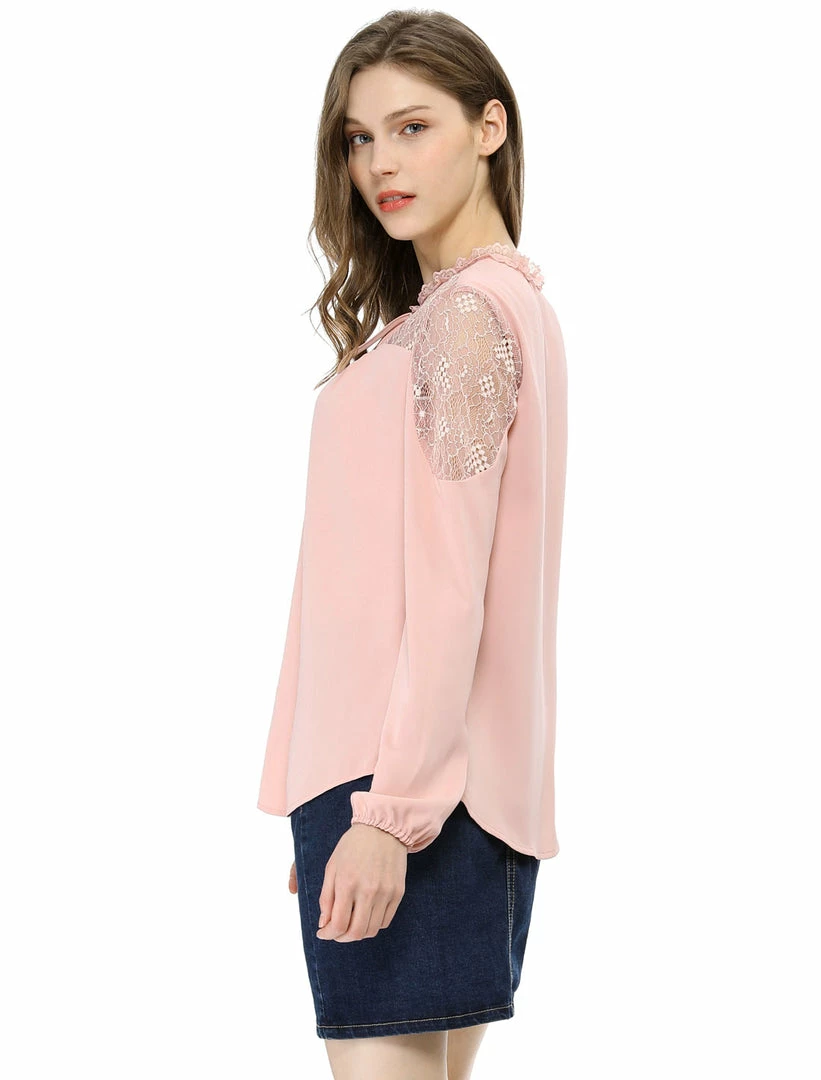 Women Allegra K Elegant Long Sleeve Lace Panel Keyhole Strap Chiffon Blouse 13 Women Allegra K Elegant Long Sleeve Lace Panel Keyhole Strap Chiffon Blouse