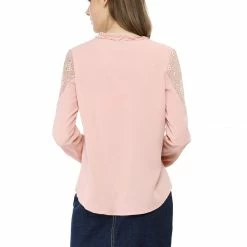 Women Allegra K Elegant Long Sleeve Lace Panel Keyhole Strap Chiffon Blouse 32 Women Allegra K Elegant Long Sleeve Lace Panel Keyhole Strap Chiffon Blouse