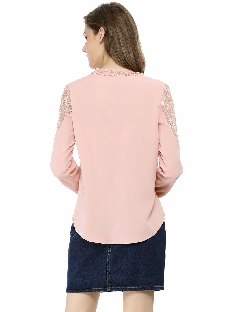 Women Allegra K Elegant Long Sleeve Lace Panel Keyhole Strap Chiffon Blouse 14 Women Allegra K Elegant Long Sleeve Lace Panel Keyhole Strap Chiffon Blouse