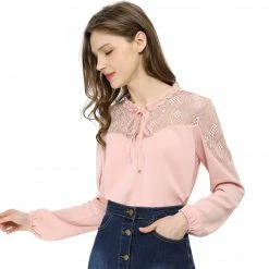 Women Allegra K Elegant Long Sleeve Lace Panel Keyhole Strap Chiffon Blouse 28 Women Allegra K Elegant Long Sleeve Lace Panel Keyhole Strap Chiffon Blouse
