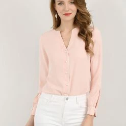 Women Allegra K Button Down Contrast Trim V Neck Long Sleeves Blouse 46 Women Allegra K Button Down Contrast Trim V Neck Long Sleeves Blouse