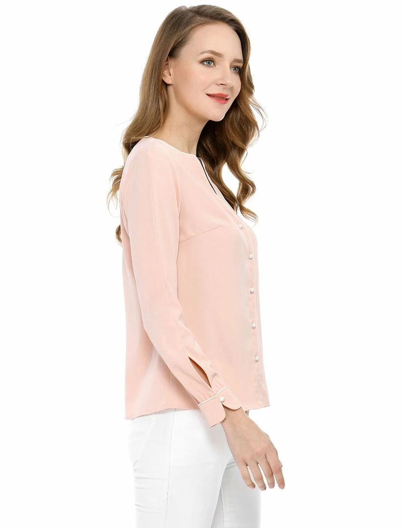 Women Allegra K Button Down Contrast Trim V Neck Long Sleeves Blouse 18 Women Allegra K Button Down Contrast Trim V Neck Long Sleeves Blouse