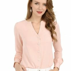Women Allegra K Button Down Contrast Trim V Neck Long Sleeves Blouse 44 Women Allegra K Button Down Contrast Trim V Neck Long Sleeves Blouse