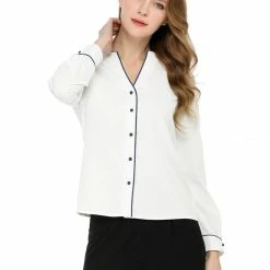 Women Allegra K Button Down Contrast Trim V Neck Long Sleeves Blouse 40 Women Allegra K Button Down Contrast Trim V Neck Long Sleeves Blouse