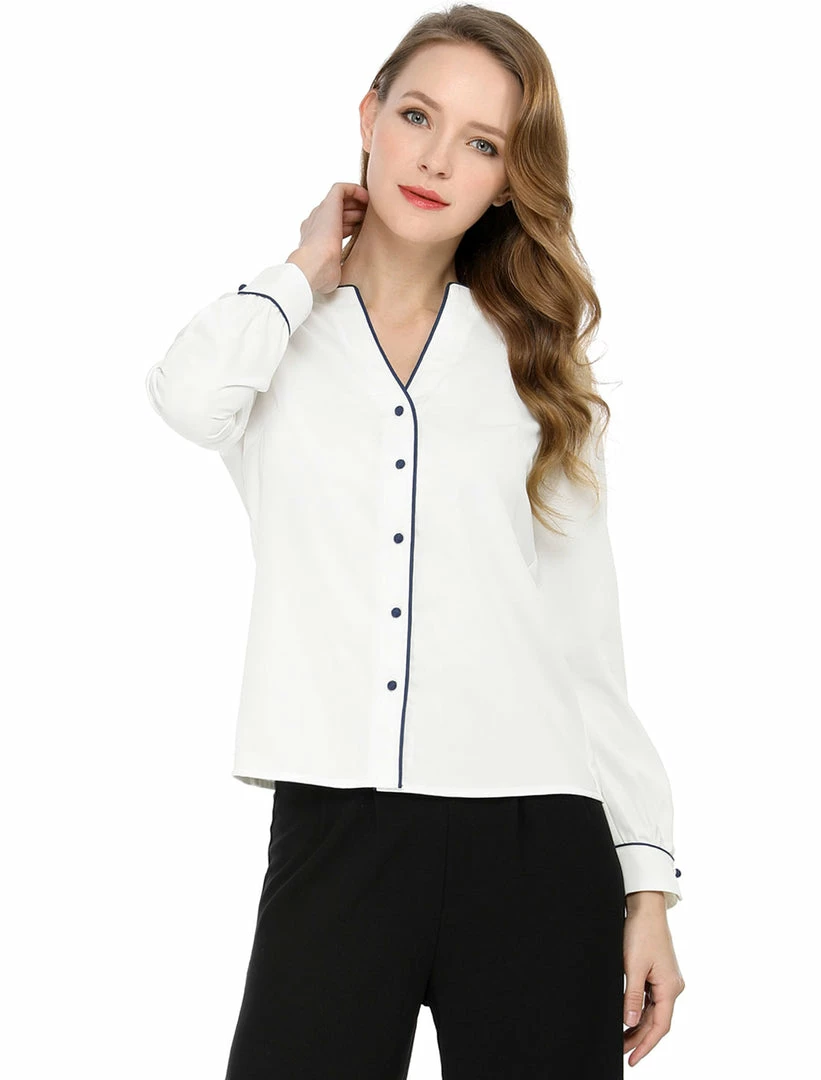 Women Allegra K Button Down Contrast Trim V Neck Long Sleeves Blouse 11 Women Allegra K Button Down Contrast Trim V Neck Long Sleeves Blouse