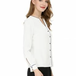 Women Allegra K Button Down Contrast Trim V Neck Long Sleeves Blouse 41 Women Allegra K Button Down Contrast Trim V Neck Long Sleeves Blouse