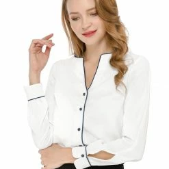Women Allegra K Button Down Contrast Trim V Neck Long Sleeves Blouse 38 Women Allegra K Button Down Contrast Trim V Neck Long Sleeves Blouse