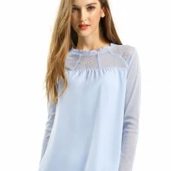 Allegra K Lace Floral Panel Crew Neck Long Sleeves Peasant Blouse Women