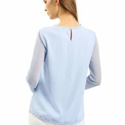 Allegra K Lace Floral Panel Crew Neck Long Sleeves Peasant Blouse Women