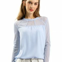 Allegra K Lace Floral Panel Crew Neck Long Sleeves Peasant Blouse Women