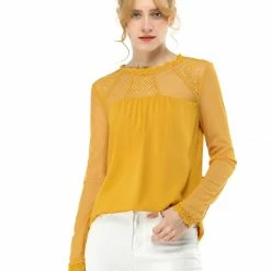 Allegra K Lace Floral Panel Crew Neck Long Sleeves Peasant Blouse Women