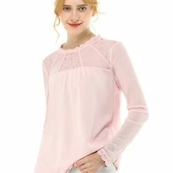 Allegra K Lace Floral Panel Crew Neck Long Sleeves Peasant Blouse Women