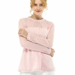Allegra K Lace Floral Panel Crew Neck Long Sleeves Peasant Blouse Women