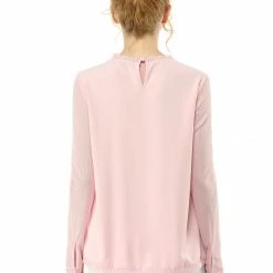 Allegra K Lace Floral Panel Crew Neck Long Sleeves Peasant Blouse Women