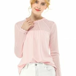 Allegra K Lace Floral Panel Crew Neck Long Sleeves Peasant Blouse Women