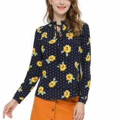 Allegra K Women's Tie Ruffled Neckline Polka Dots Long Sleeves Floral Blouse Tops