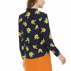 Allegra K Women's Tie Ruffled Neckline Polka Dots Long Sleeves Floral Blouse Tops