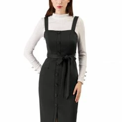 Allegra K Women's Jumper Dress Button Front Bow Tie Waist Slim Fit Pinafore Overall Pencil Dress
