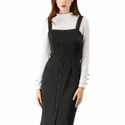Allegra K Women's Jumper Dress Button Front Bow Tie Waist Slim Fit Pinafore Overall Pencil Dress