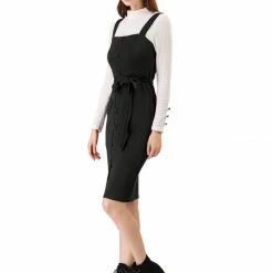 Allegra K Women's Jumper Dress Button Front Bow Tie Waist Slim Fit Pinafore Overall Pencil Dress