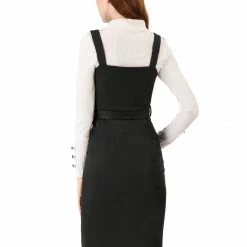 Allegra K Women's Jumper Dress Button Front Bow Tie Waist Slim Fit Pinafore Overall Pencil Dress