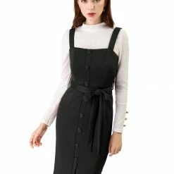 Allegra K Women's Jumper Dress Button Front Bow Tie Waist Slim Fit Pinafore Overall Pencil Dress