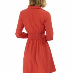 Allegra K Notched Lapel Buttons Smocked Waist Dress