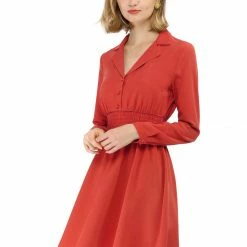 Allegra K Notched Lapel Buttons Smocked Waist Dress