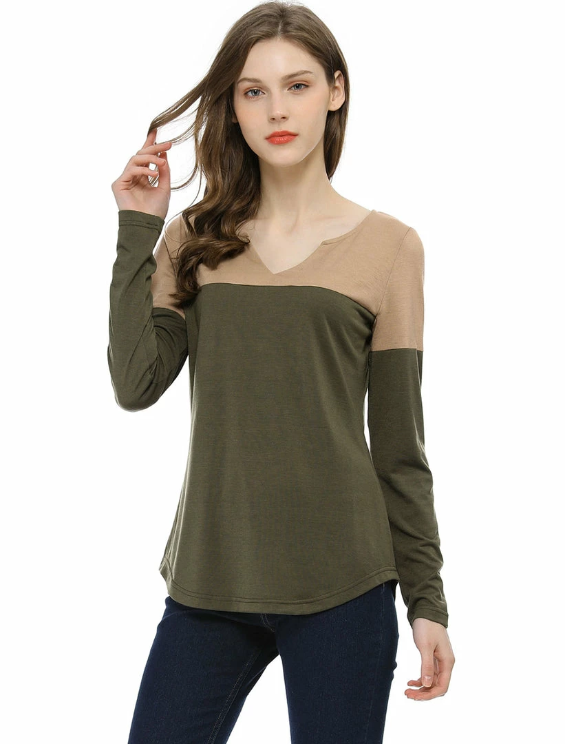 Allegra K Split V-neck Long Sleeves Color Block T-Shirt 43 Allegra K Split V-neck Long Sleeves Color Block T-Shirt