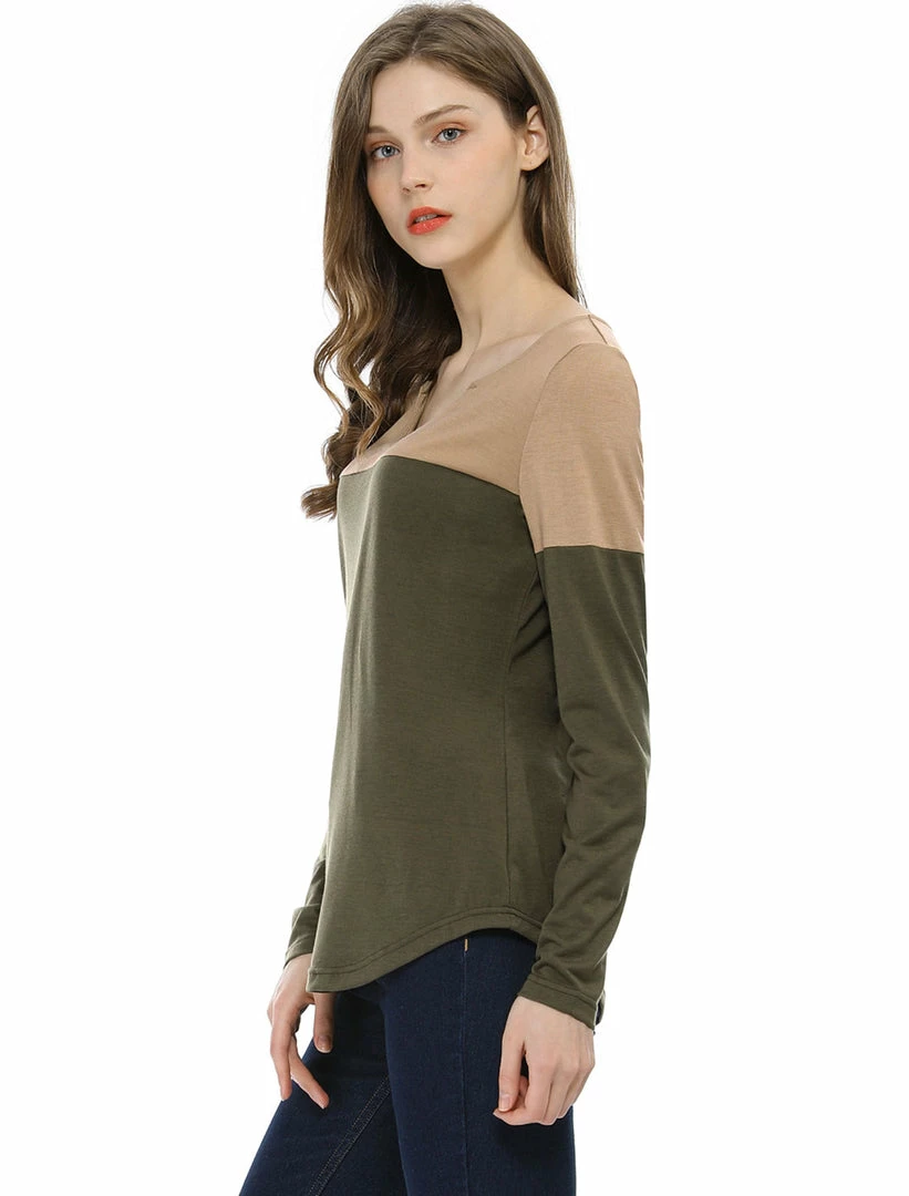 Allegra K Split V-neck Long Sleeves Color Block T-Shirt 44 Allegra K Split V-neck Long Sleeves Color Block T-Shirt