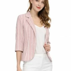 Allegra K Striped 3/4 Sleeves Open Front Notched Lapel Blazer Women 71 Allegra K Striped 3/4 Sleeves Open Front Notched Lapel Blazer Women