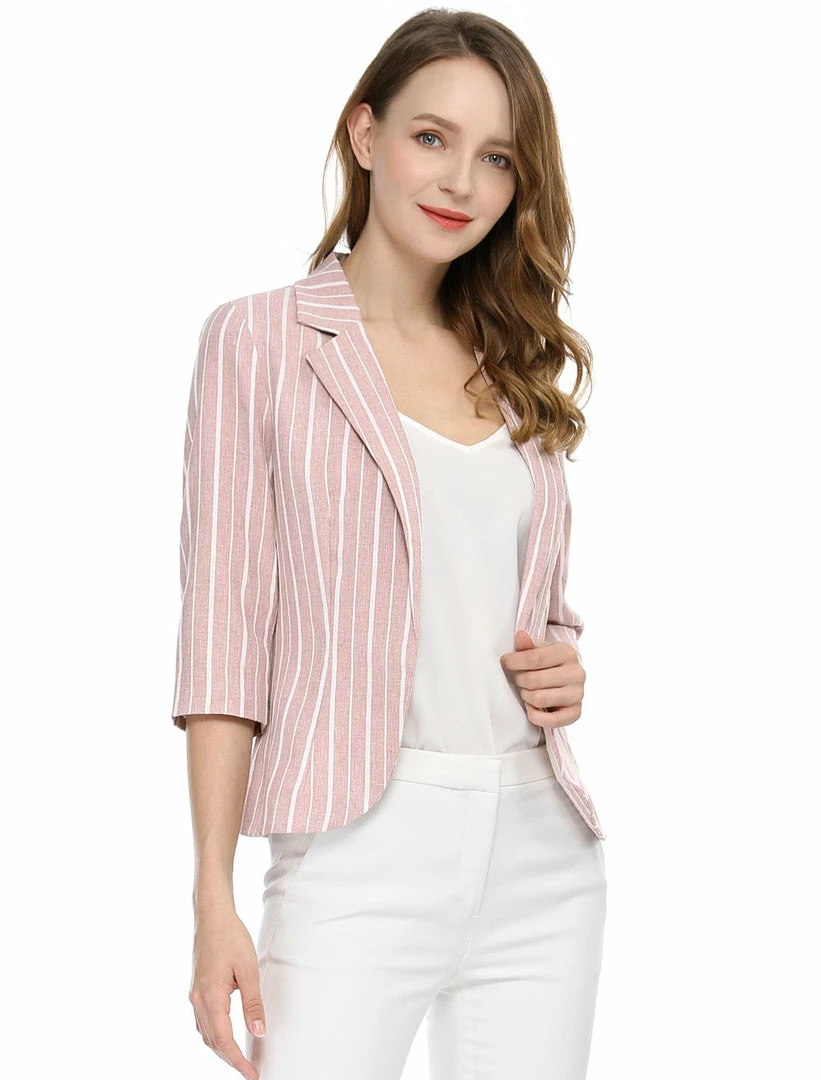 Allegra K Striped 3/4 Sleeves Open Front Notched Lapel Blazer Women 16 Allegra K Striped 3/4 Sleeves Open Front Notched Lapel Blazer Women