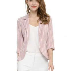 Allegra K Striped 3/4 Sleeves Open Front Notched Lapel Blazer Women 70 Allegra K Striped 3/4 Sleeves Open Front Notched Lapel Blazer Women