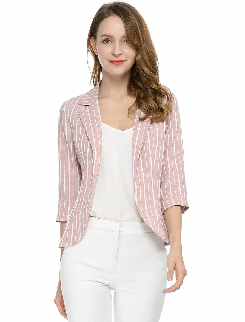 Allegra K Striped 3/4 Sleeves Open Front Notched Lapel Blazer Women 15 Allegra K Striped 3/4 Sleeves Open Front Notched Lapel Blazer Women