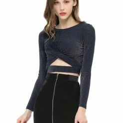 Women Allegra K Long Sleeve Crew Neck Cut Out Glitter Cross Crop Tops
