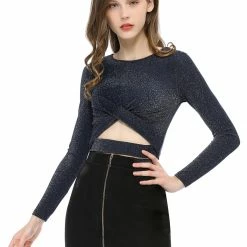 Women Allegra K Long Sleeve Crew Neck Cut Out Glitter Cross Crop Tops