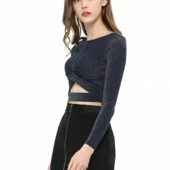 Women Allegra K Long Sleeve Crew Neck Cut Out Glitter Cross Crop Tops