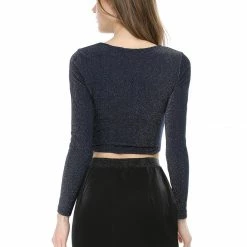 Women Allegra K Long Sleeve Crew Neck Cut Out Glitter Cross Crop Tops