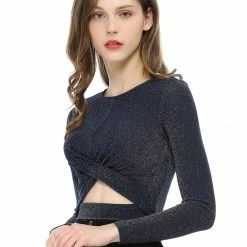 Women Allegra K Long Sleeve Crew Neck Cut Out Glitter Cross Crop Tops
